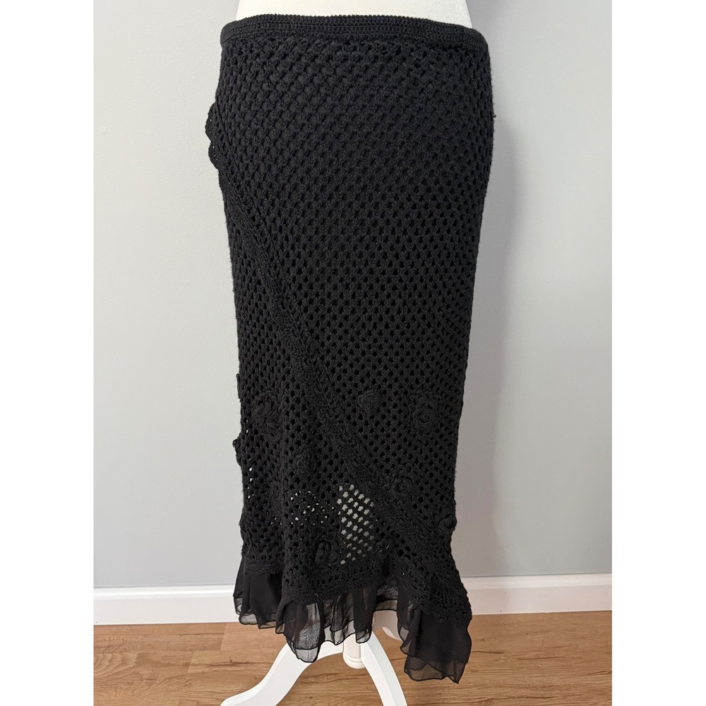 Bandolino Y2K Crochet Whimsigoth Midi Skirt Black Ruffle Hem Mermaid Size L Boho